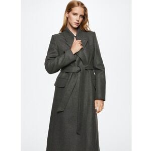 NEW MNG Mango Grey Wool Blend Belted‎ Long Trench Coat With Lapels Women's Small